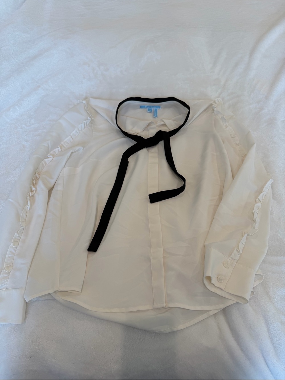 Draper James Cream Ruffle Blouse with Black Neck Tie